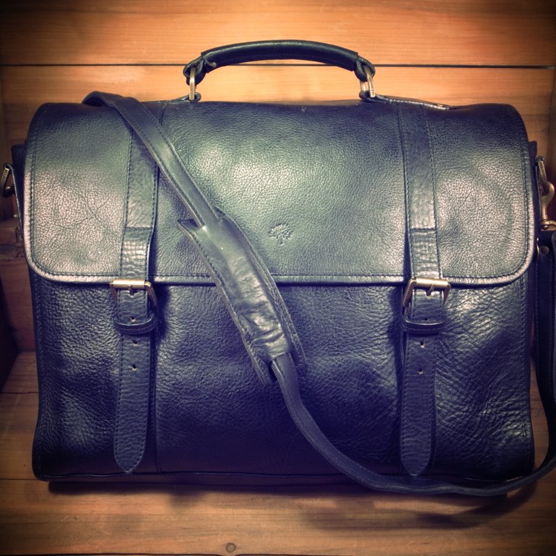 [Bones] mulberry black dorsal thick leather briefcase genuine antique print bag Vintage - กระเป๋าเอกสาร - หนังแท้ สีดำ