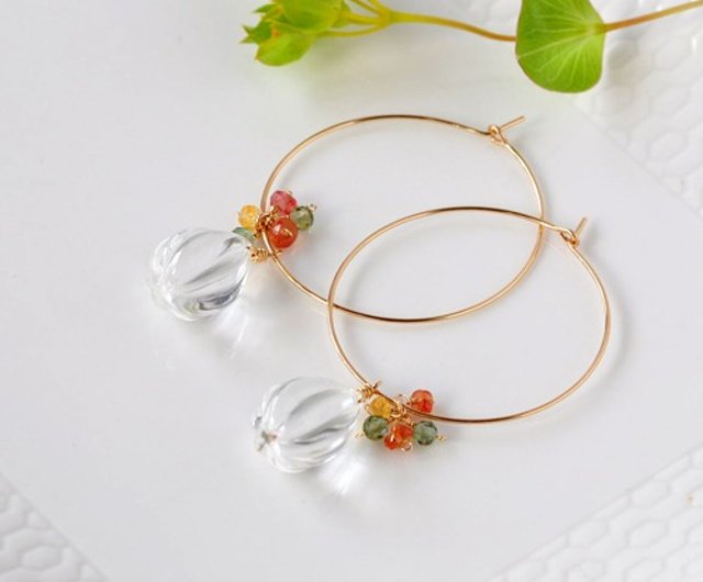 【14kgf】クリスタルクォーツ　カービング　ピアス／イヤリング 14kgf】クリスタルクォーツ カービング ピアス／イヤリング 高