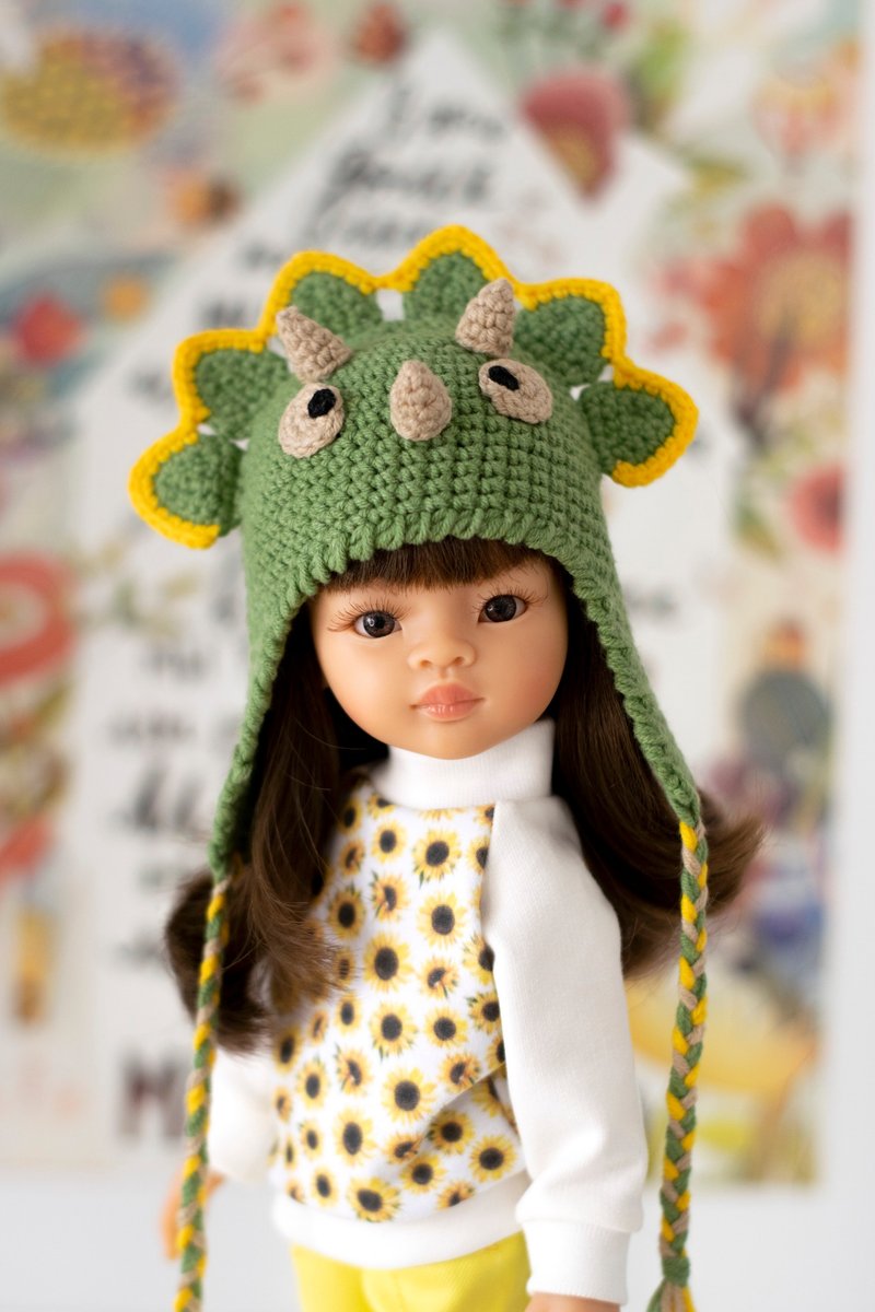 Dinosaur hat for doll Paola Reina, Siblies, Little Darling, animals hat, 针织帽 - 寶寶/兒童玩具/玩偶 - 棉．麻 綠色