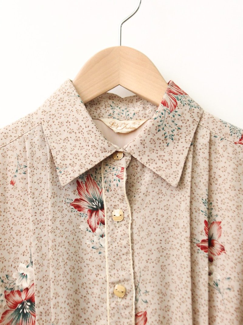 日本製復古花朵卡其色長袖薄古著洋裝-特 Japanese Vintage Dress - 洋裝/連身裙 - 聚酯纖維 卡其色