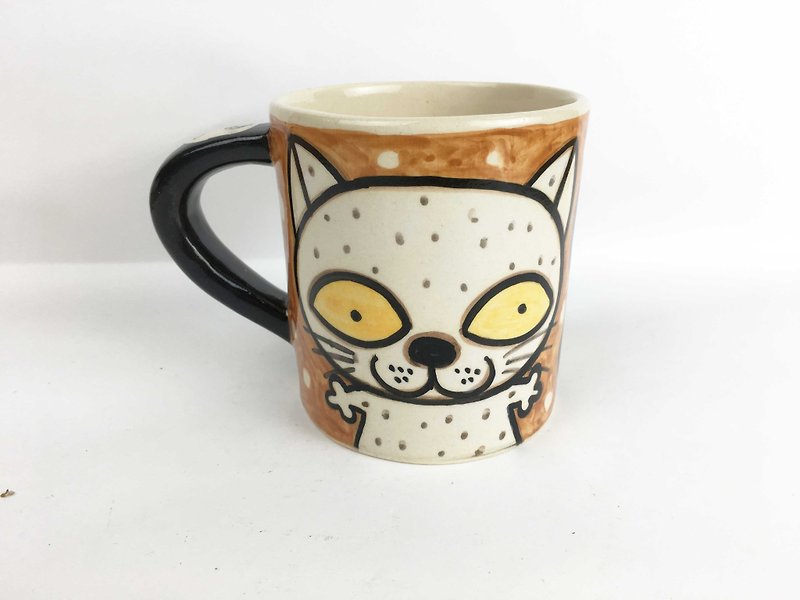 Nice Little Clay mug flower cat 01061-13 - Mugs - Pottery Brown