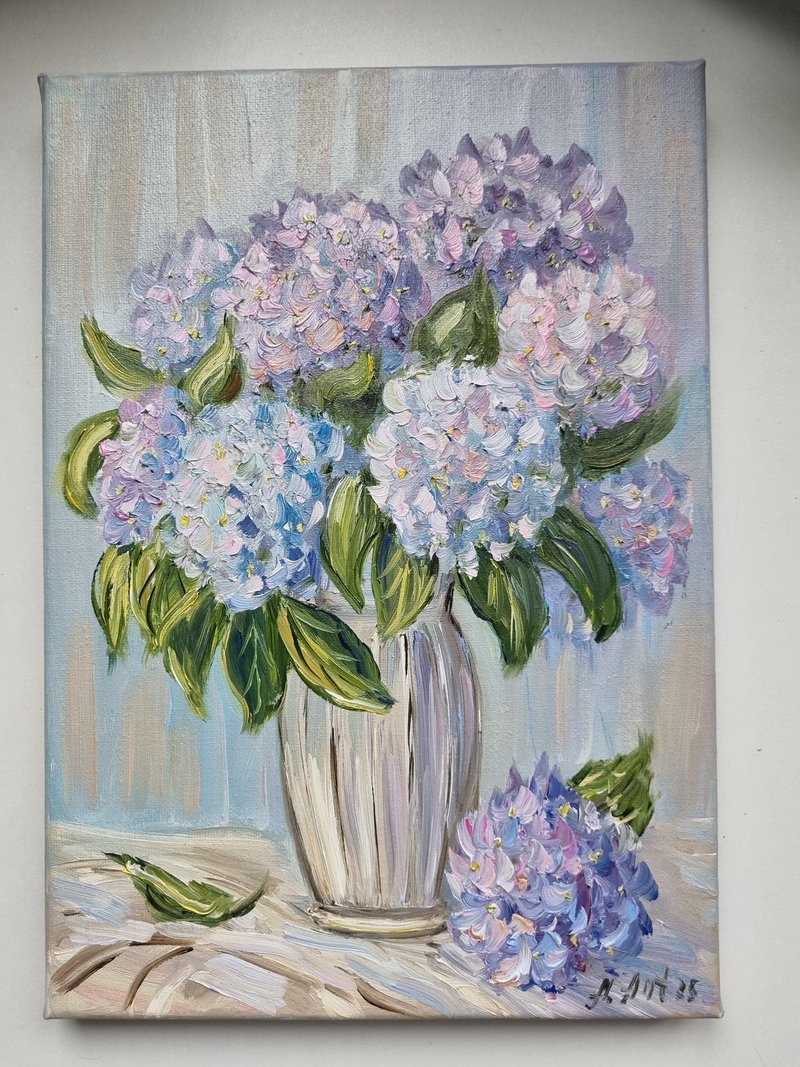 Flowers Original oil painting Impasto painting floral hydrangea artwork - 壁貼/牆壁裝飾 - 棉．麻 藍色