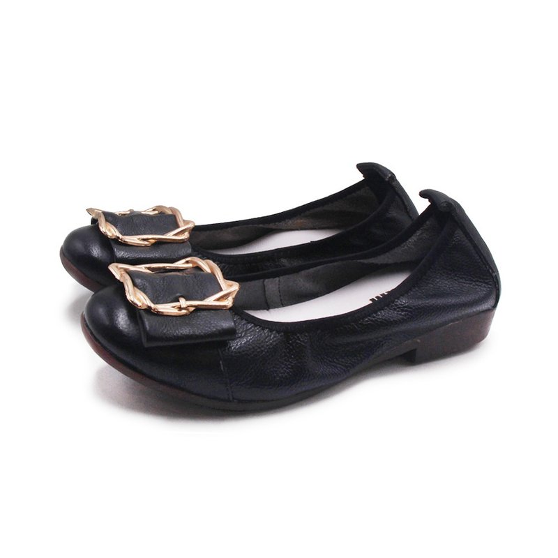 W&M metal square buckle soft cowhide flat shoes for women - black - รองเท้าบัลเลต์ - หนังแท้ 