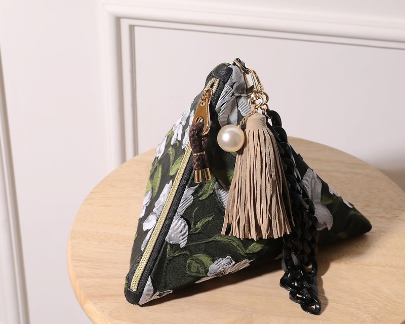 nocturnal flowers -green- triangular clutch pouch bag - Toiletry Bags & Pouches - Other Materials Green