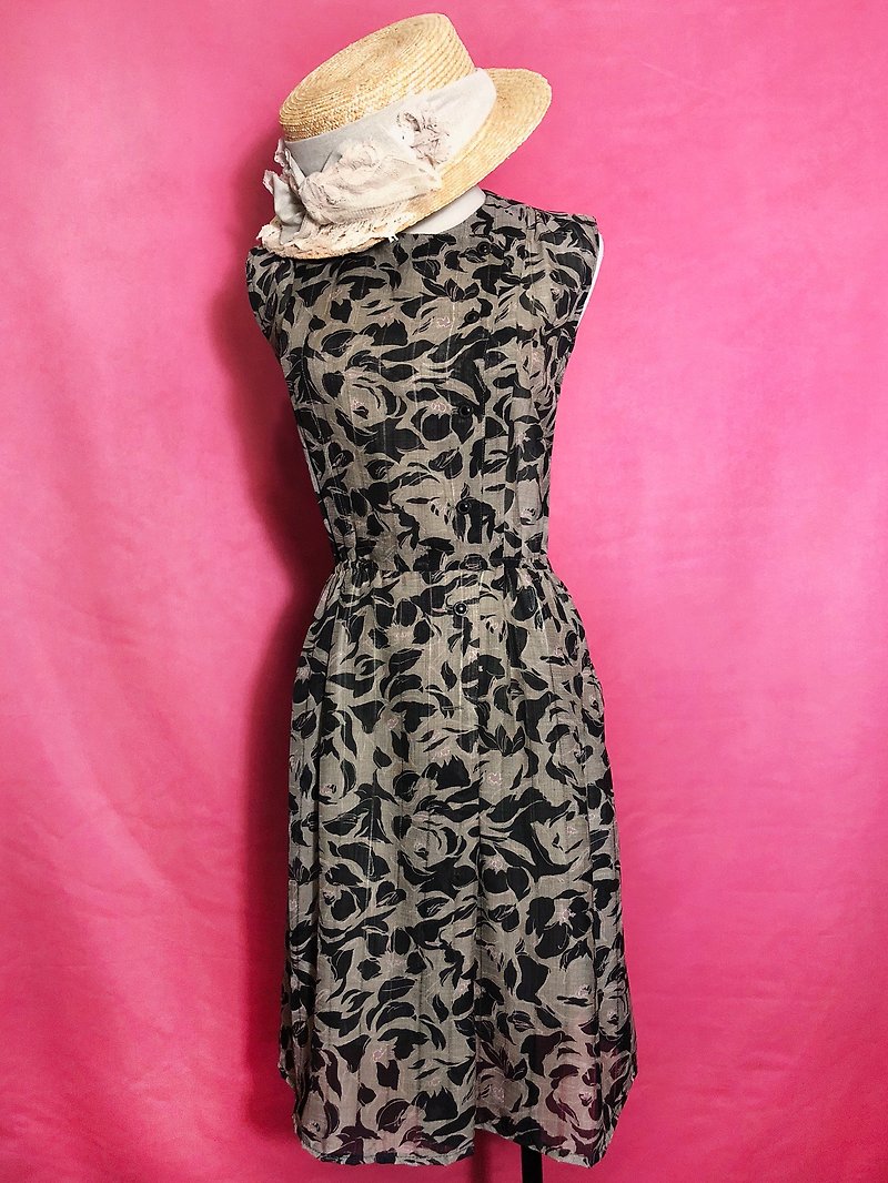Flower Slanted Sleeveless Vintage Dress / Foreign Return to VINTAGE - ชุดเดรส - เส้นใยสังเคราะห์ สีกากี