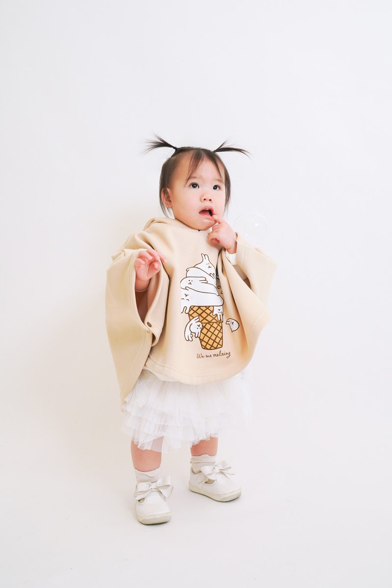 Kid-麻糬兔冰淇淋-小孩厚款斗篷帽衣(卡其) - 男/女童外套 - 棉．麻 卡其色