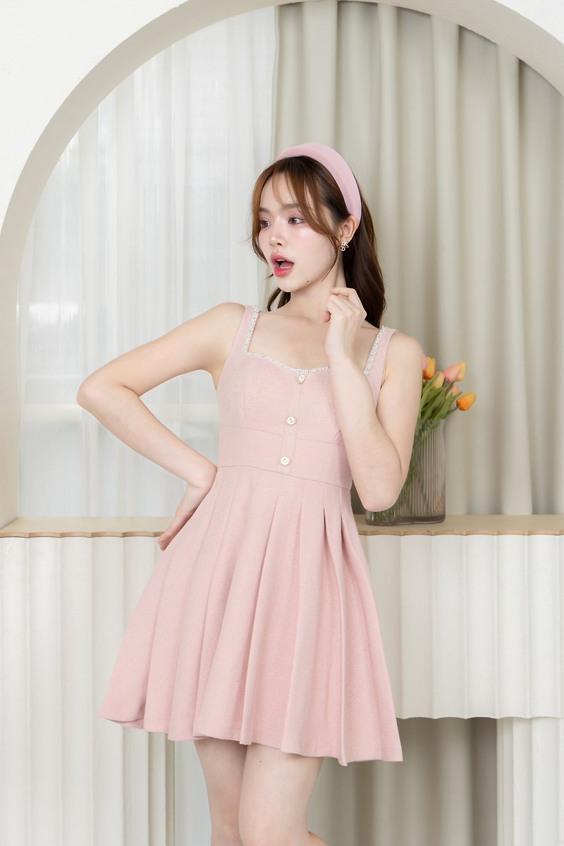 Pink Pleated Dress with Button - 連身裙 - 聚酯纖維 粉紅色