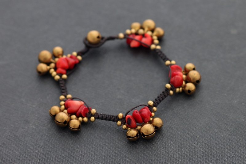 Coral Red Gypsy Bracelets Brass Woven Beaded Braided Boho Hippy Tribal Ethnic - Bracelets - Stone Red