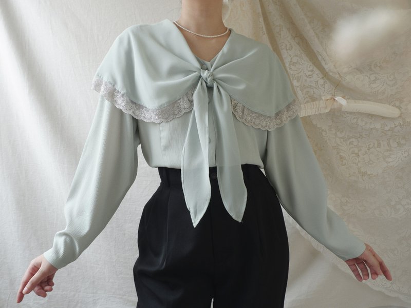 聚酯纖維 女上衣/長袖上衣 綠色 - Vintage Light Mint Green Long Sleeve Blouse With Oversized Collar