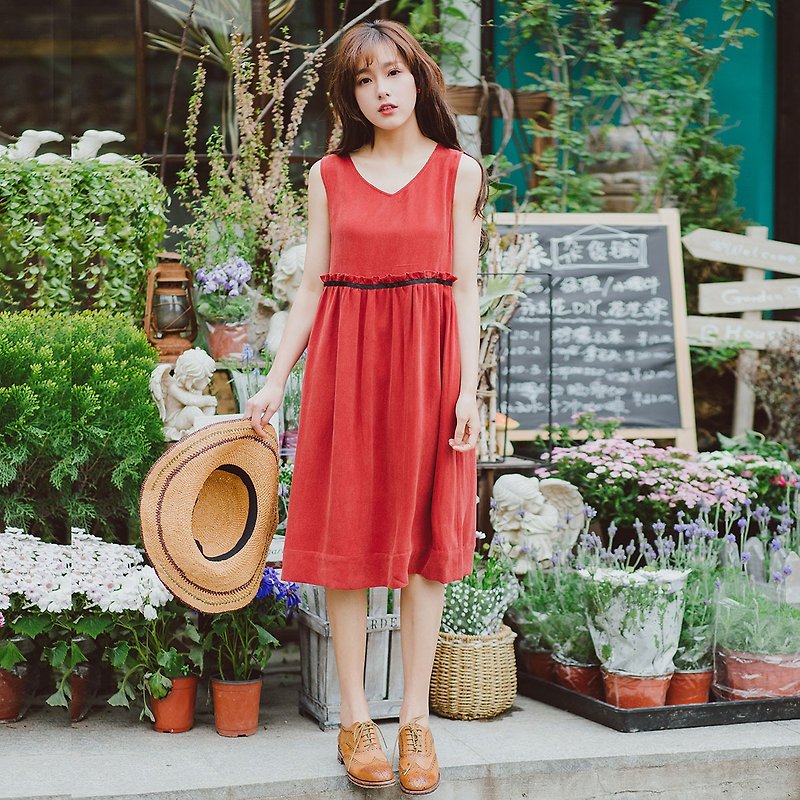 Anne Chen 2017 summer new ladies V-neck waist fold dress dress - ชุดเดรส - ผ้าฝ้าย/ผ้าลินิน สีแดง