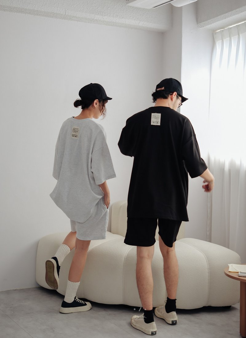 ONE TAG back label summer short-sleeved shorts set (not removable) - 2 colors - black set - เสื้อฮู้ด - ผ้าฝ้าย/ผ้าลินิน สีดำ