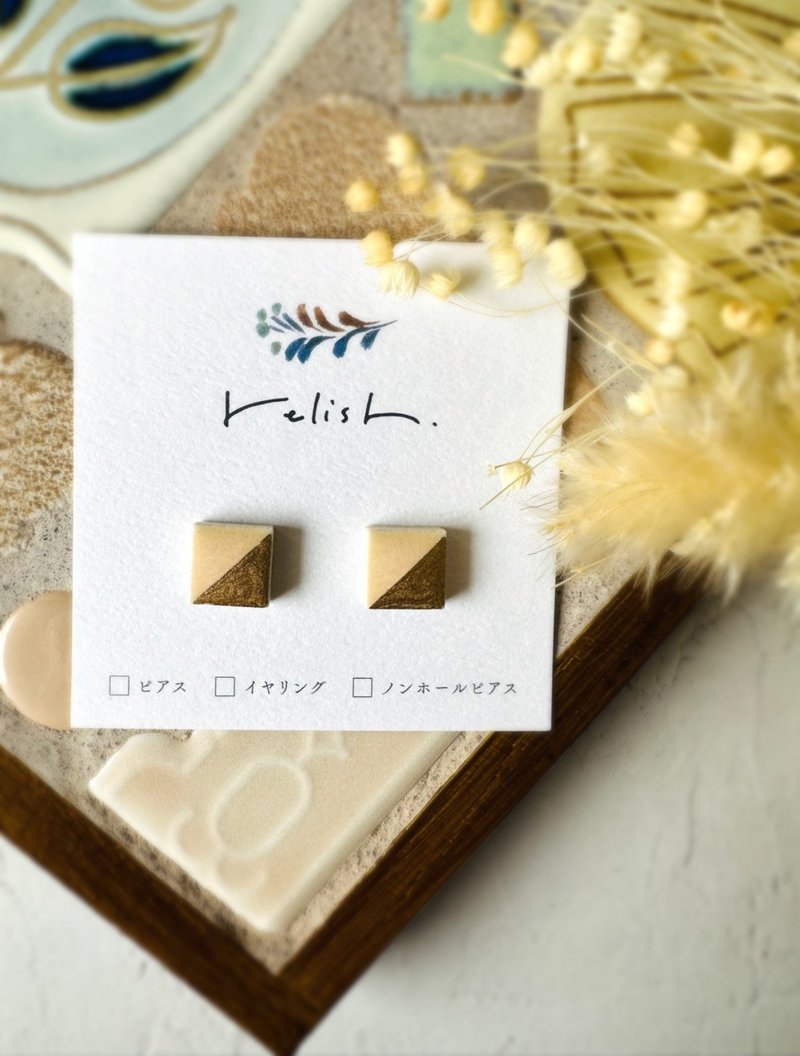 淺橙 美濃燒 磁磚 金繼工藝 耳環 無耳洞耳環 方形 金色 金 橙色 橘色 小巧 迷你 美濃燒磁磚 美濃燒 陶瓷 - 耳環/耳夾 - 陶 橘色