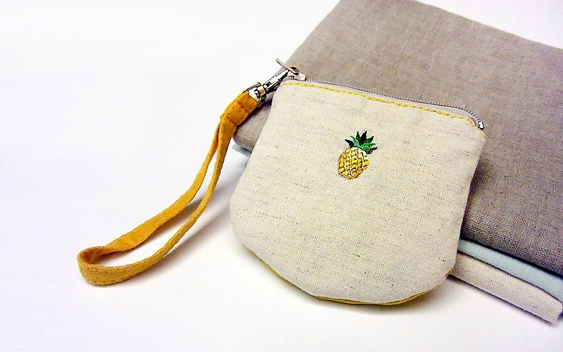 100% PURE Fruits semicircular horseshoe embroidery purse / pineapple - Coin Purses - Thread Yellow