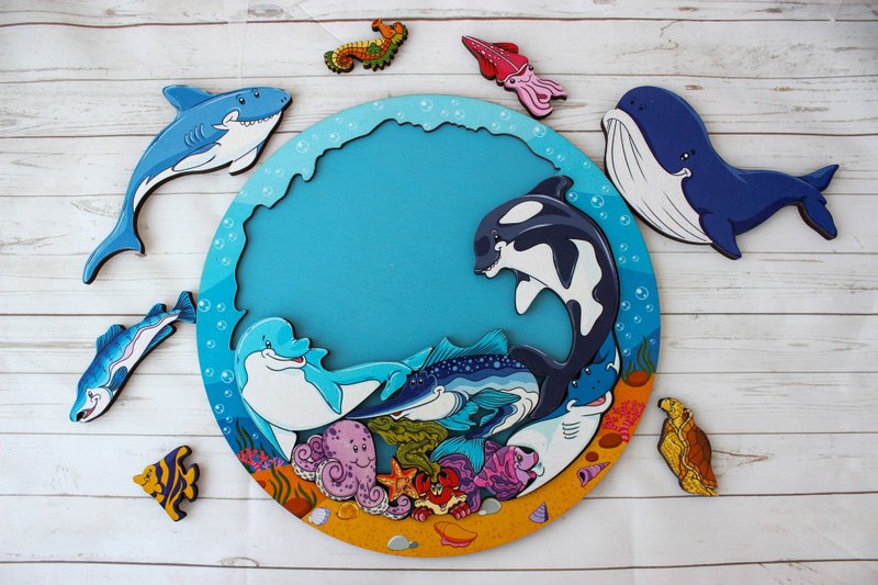 Wooden Puzzle - Ocean Life whales, Montessori Toddler Toys for Age 2 3 4 5 year - 寶寶/兒童玩具/玩偶 - 木頭 金色