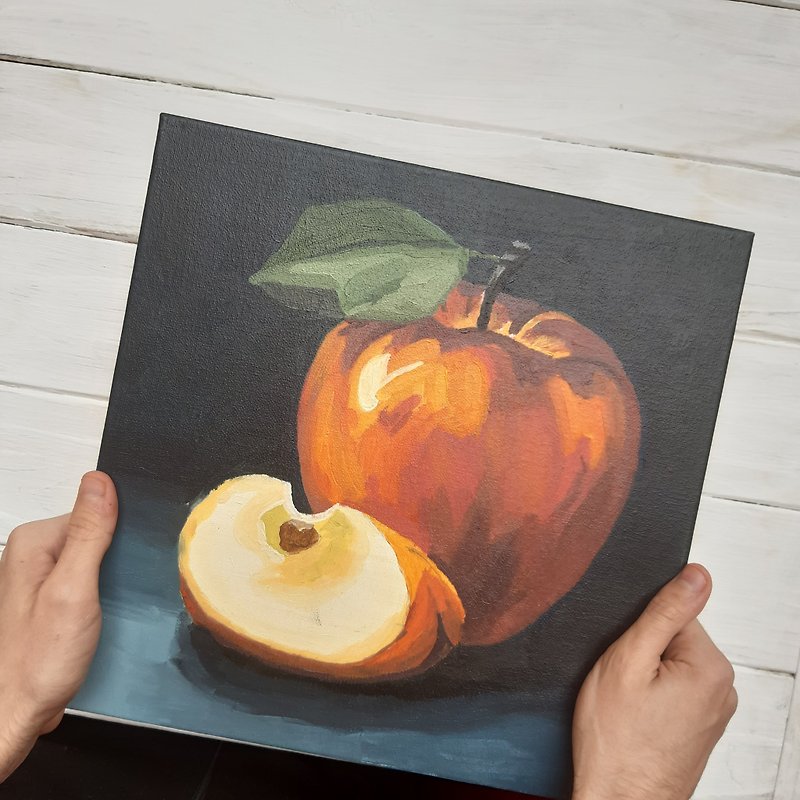 Still Life Apple by Andriy Stadnyk Oil paintings Canvas  Artwork 11,8*11,8 in - Wall Décor - Other Materials Red
