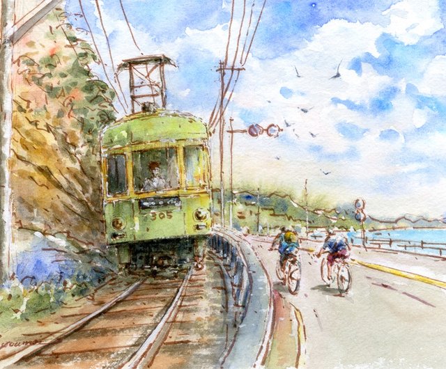 水彩画 原画 額装なし さくらと鉄道 - 絵画