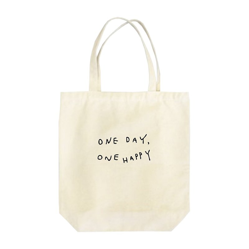 One day, one happy Tote Bag - กระเป๋าถือ - ผ้าฝ้าย/ผ้าลินิน ขาว