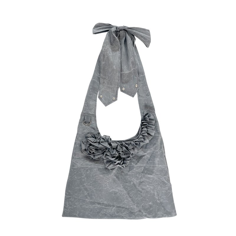 NYLON FLOWER HOBO CROSS BAG (LIGHT GREY) - 手提包/手提袋 - 尼龍 灰色