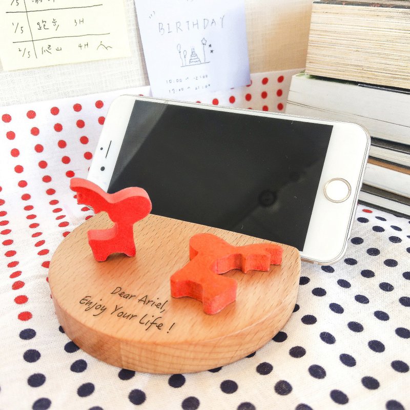 簡約小鹿多功能 原木手機座 - 客製化刻字 - 手機/平板支架 - 木頭 咖啡色
