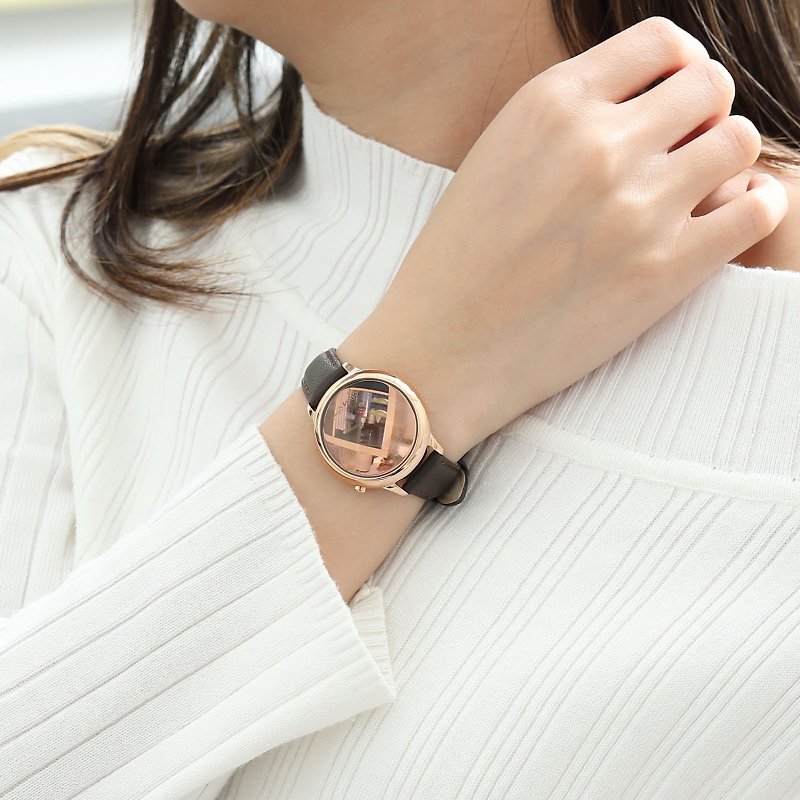 THE BUBBLE系列 - LED玫瑰金色不鏽鋼配啡色真皮帶手錶 - 女錶 - 不鏽鋼 多色