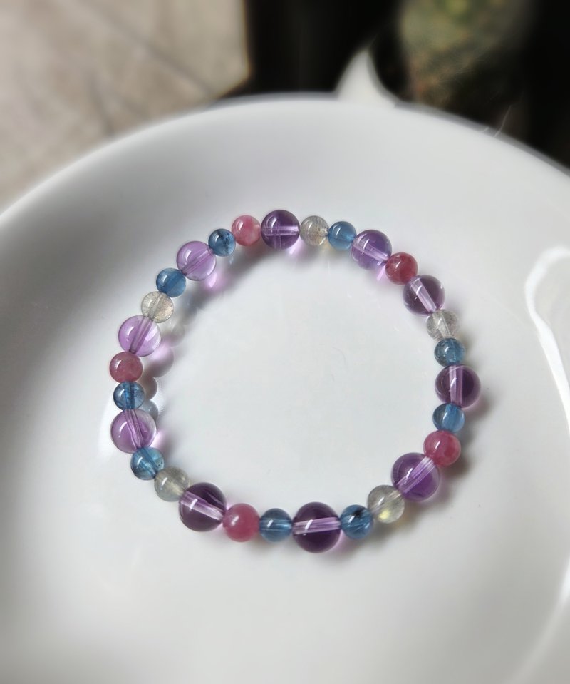 紫水晶 魔鬼海藍寶 淨透拉長石 玫瑰碧璽 水晶手鍊 - 手鍊/手環 - 寶石 紫色