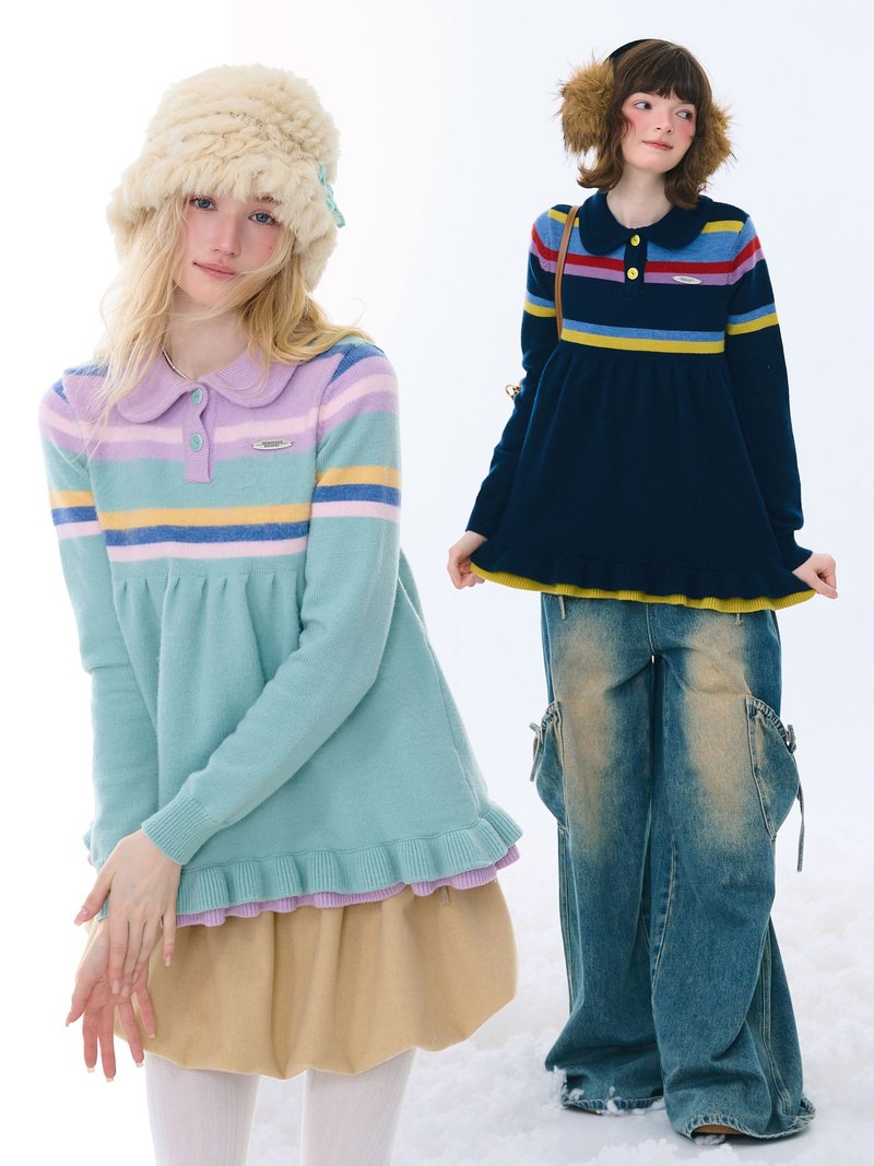 ziziFei秋冬美式復古設計感娃娃領撞色條紋花邊下擺慵懶風毛衣女 - 女裝毛衣/針織衫 - 其他材質 