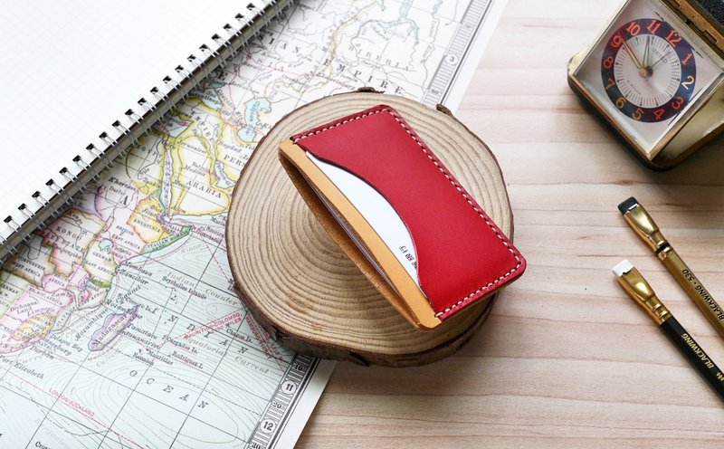 Double-layer card holder, short clip, business card holder, European cowhide burgundy with original leather, multi-color optional free engraving - ที่เก็บนามบัตร - หนังแท้ สีแดง