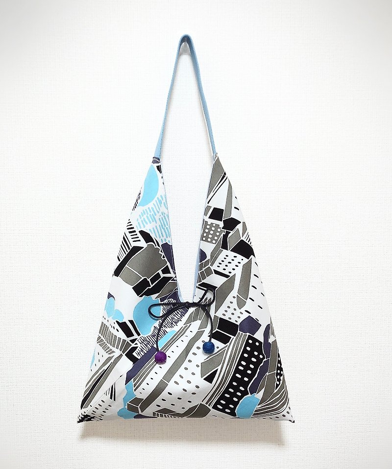 Japanese style side backpack / large size / blue gray geometry / blue - กระเป๋าแมสเซนเจอร์ - ผ้าฝ้าย/ผ้าลินิน สีเทา