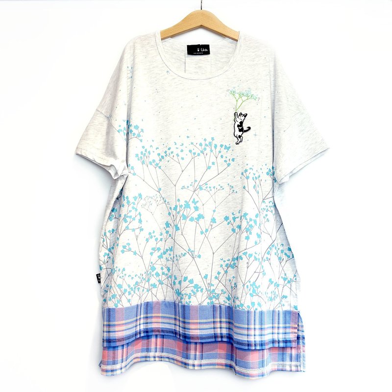 [Gypsophila] Two-color stitching / short front and long top (Linen gray + blue plaid) - Women's Tops - Cotton & Hemp White