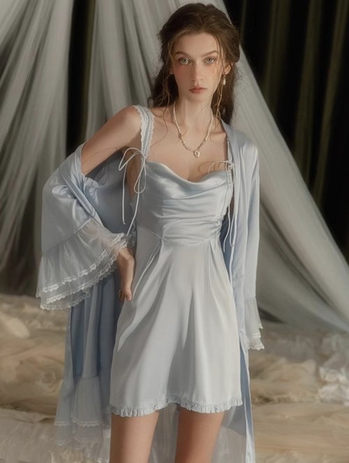 Queensybra long satin backless dress with lace erotic lingerie sexy lingerie