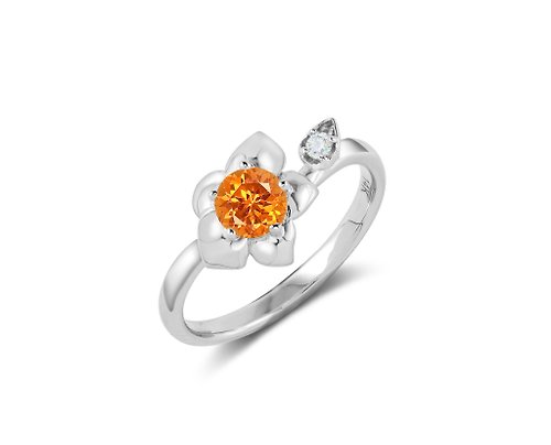 Majade Jewelry Design 橙石榴14k白金鑽石訂婚戒指 非傳統蘭花結婚戒指 大自然花卉戒指