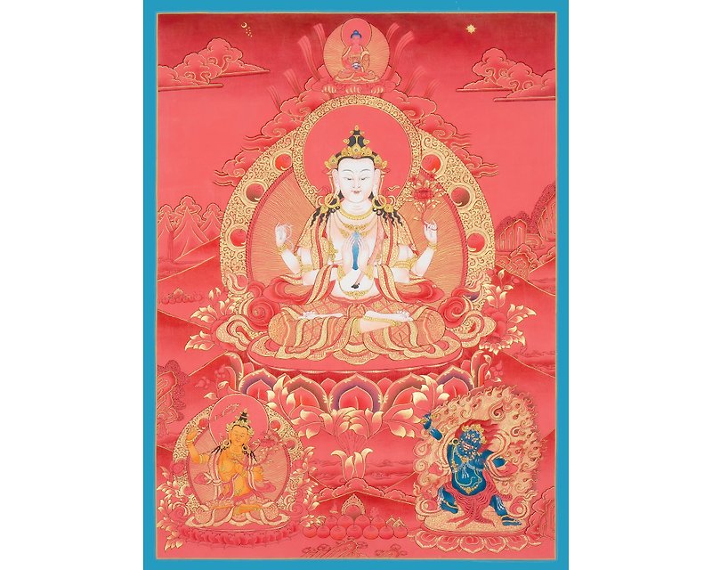 Tibetan Chenrezig Thangka Painting, Handcrafted Bodhisattva Artwork - Wall Décor - Other Materials Multicolor