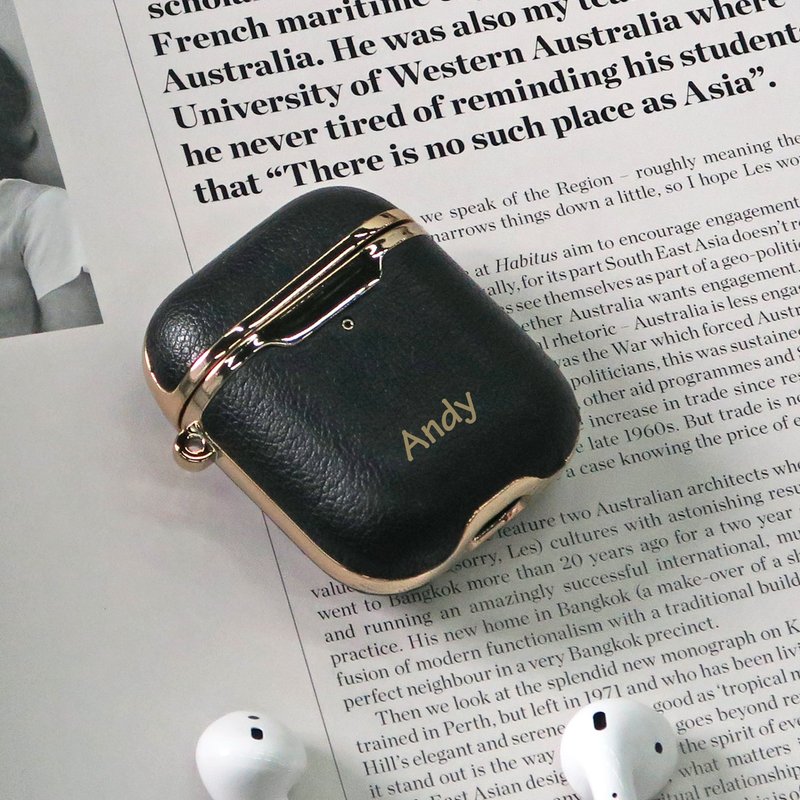 【客製化禮物】Airpods 皮革電鍍高級保護套 - 黑色 - AirPods/耳機保護套 - 人造皮革 黑色