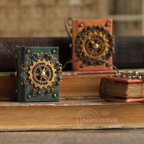 nilminova Miniature book lover Mini books Tiny book charm Steampunk necklace Book keychain