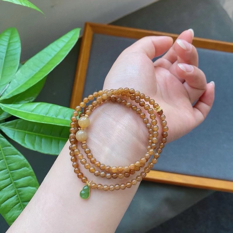 Natural sugar material Hetian jade bracelet sugar material multi-circle bracelet with Silver inlaid jasper gourd sugar jade blessing and luck - Bracelets - Jade 