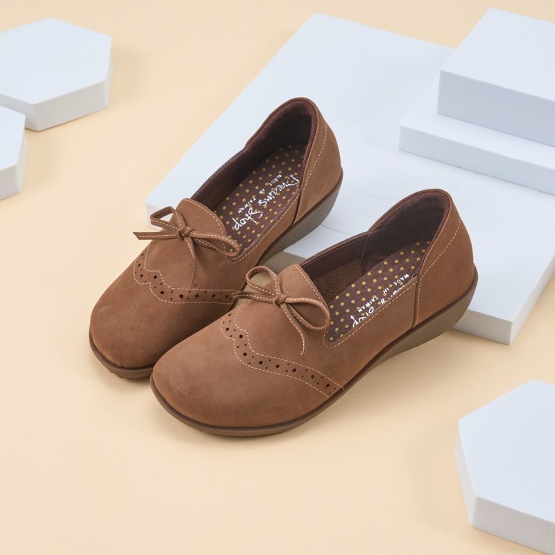 Nubago_Bowknot carved square toe doll shoes brown - Mary Jane Shoes & Ballet Shoes - Genuine Leather Brown