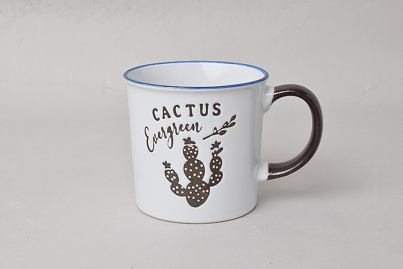 [Japan SHINA CASA] Cactus Shape-Blue Edge Imitation Enamel Style Pottery Mug/Coffee Cup (250ml) - แก้วมัค/แก้วกาแฟ - ดินเผา ขาว