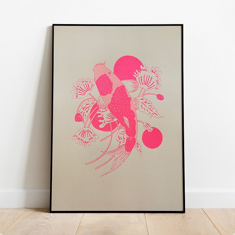 ネオンピンクのシルクスクリーンA2ポスター -鯉と影- - 海報/掛畫/掛布 - 紙 粉紅色