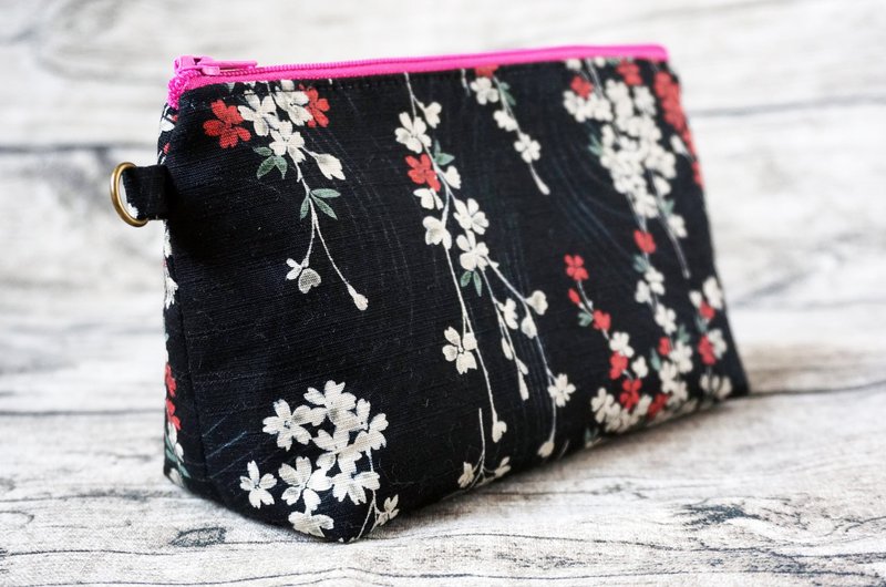 Japanese Sakura Pattern Zipper Pouch - Toiletry Bags & Pouches - Cotton & Hemp Black