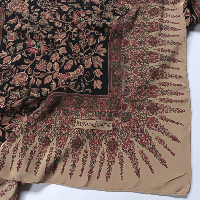 Yves Saint Laurent Floral Silk Scarf, 35 x 35 inches, Silk, Holiday Gifts - 絲巾 - 絲．絹 咖啡色