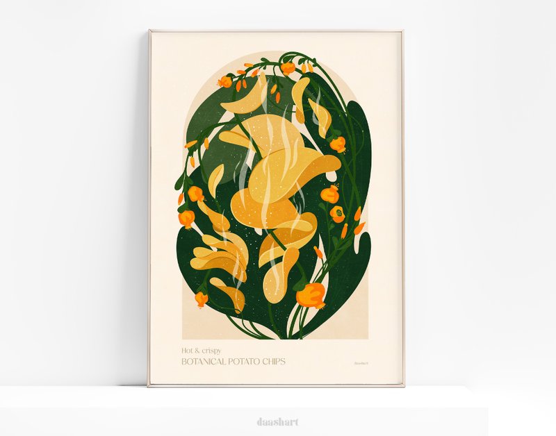 Modern kitchen art Botanical vintage potato chips poster Printable wall art - 電子似顏繪/繪畫/插畫 - 其他材質 