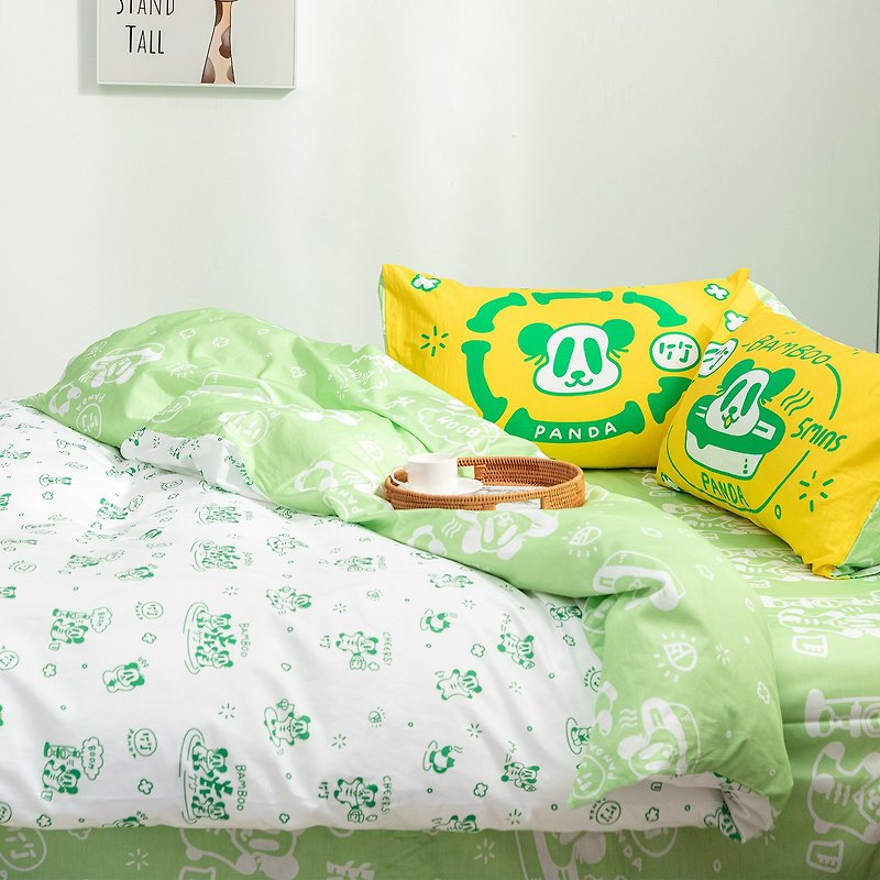 可愛小熊貓清新哈密瓜綠100%棉被套床單枕套 - 寢具/床單/被套 - 棉．麻 