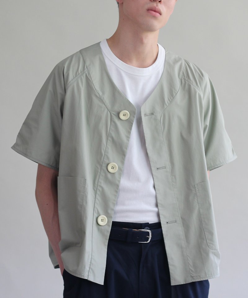 Raglan Sleeve Button Top - Sage Green - เสื้อยืดผู้ชาย - ผ้าฝ้าย/ผ้าลินิน สีเขียว