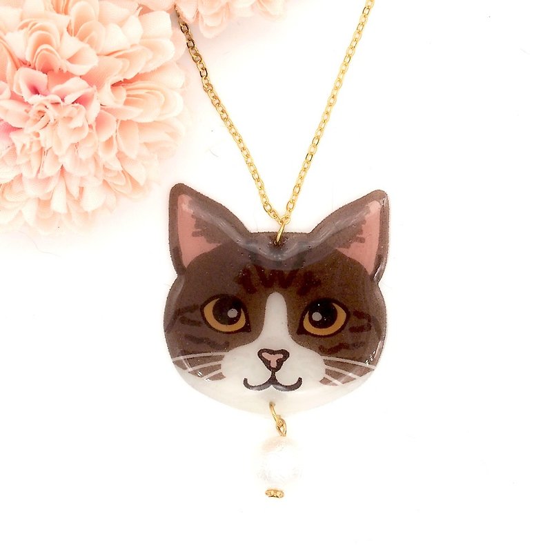 Meow handmade cat and cotton pearl necklace - brown and white cat - Necklaces - Acrylic Brown