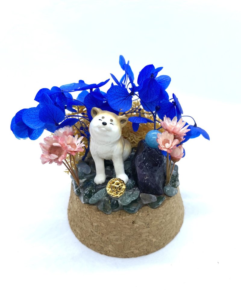 藍色花園-秋田犬與紫水晶-手工玻璃罩公仔/水晶/乾燥花擺設 - 擺飾/家飾品 - 水晶 