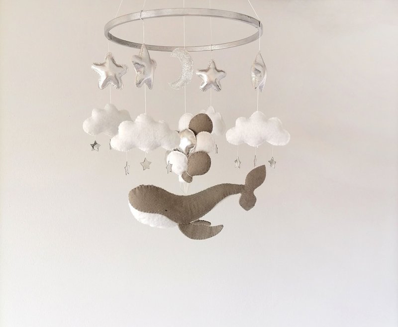 hot air balloon whale baby mobile crib felt,Ocean neutral Nursery decor silver - Kids' Toys - Other Materials 