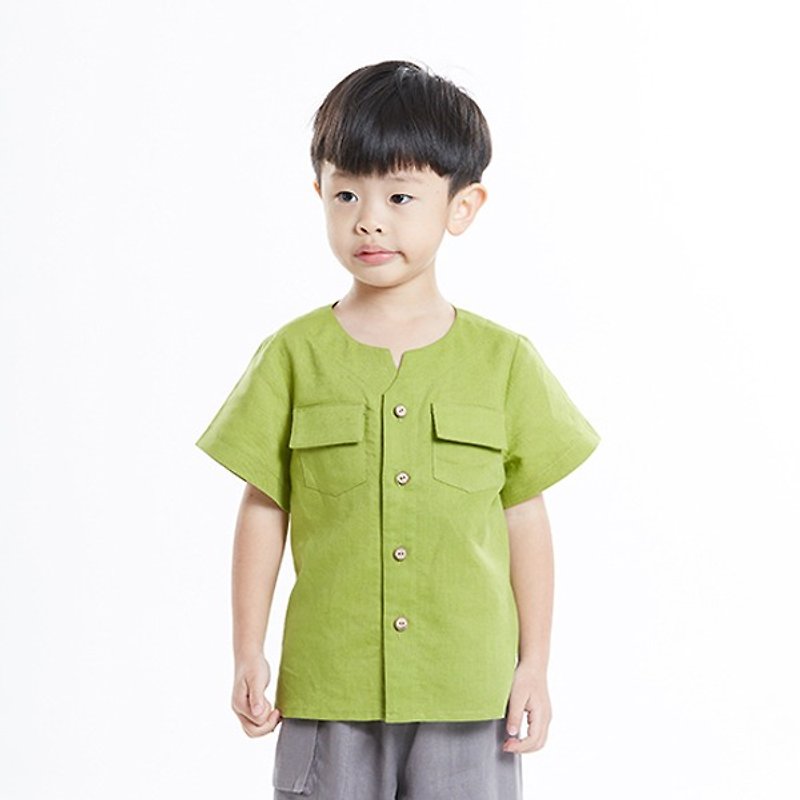 L0273 boys small V port short-sleeved collarless shirt - green grass - อื่นๆ - ผ้าฝ้าย/ผ้าลินิน สีเขียว