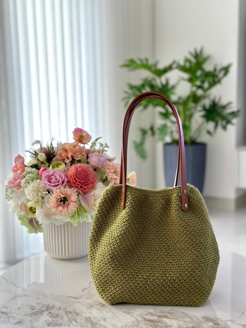 Japanese twill woven bag-olive green - กระเป๋าถือ - ผ้าฝ้าย/ผ้าลินิน 