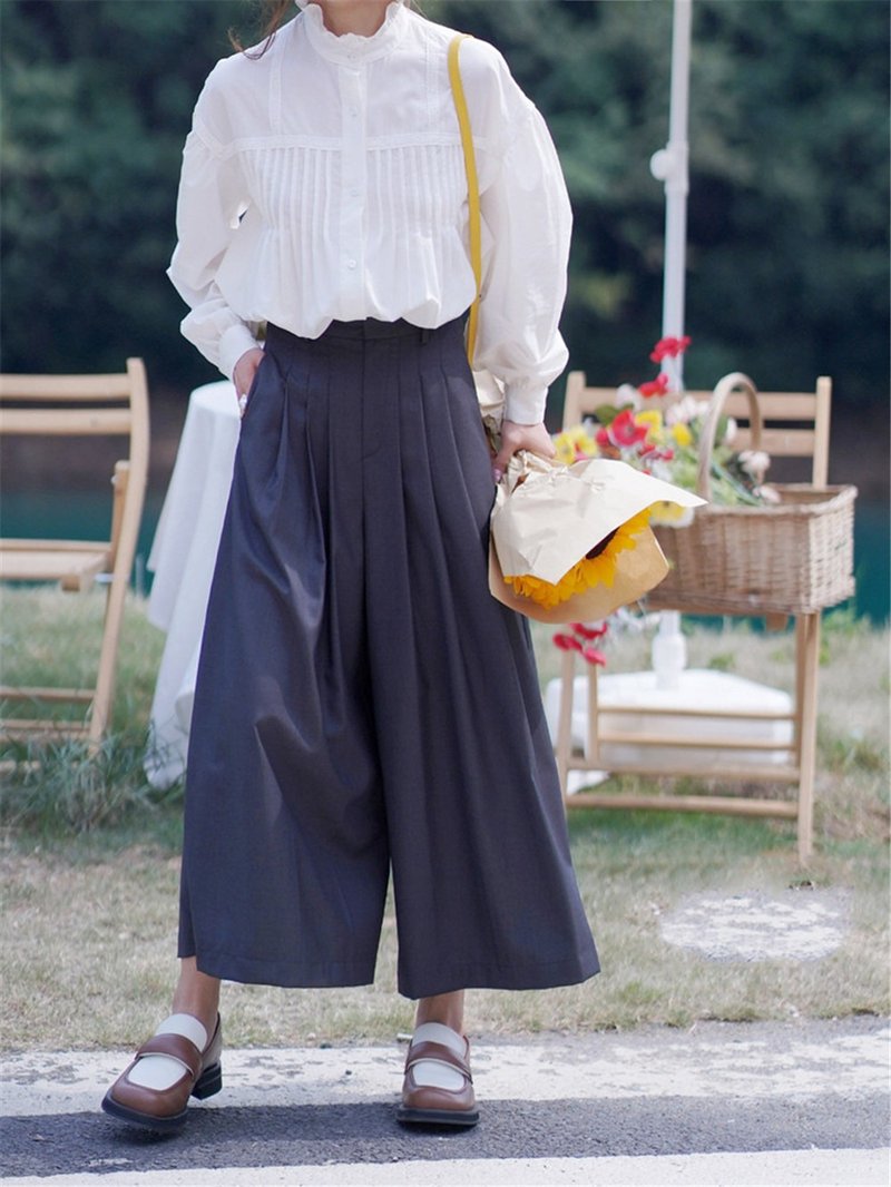 Advanced Gray Literary Versatile Pleated Wide Leg Culottes Loose Unbound Wide Pants Pear Shape Friendly - กางเกงขายาว - ไฟเบอร์อื่นๆ สีเทา