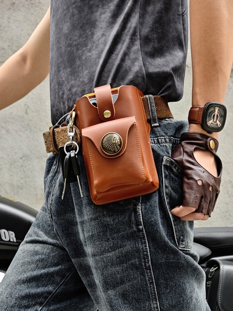 復古頭層牛皮腰包多功能戶外雙手機包穿腰帶收納包瘋馬皮釣魚運動 - 其他 - 真皮 咖啡色